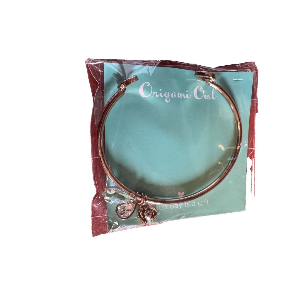 New Origami Owl Rose Gold Hearts Blessed Crystals Charms Cuff Bracelet BR6033